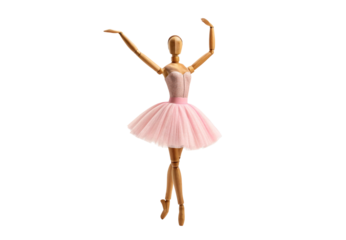Wooden artist mannequin in pink ballet tutu, arms raised gracefully, isolated on a transparent background