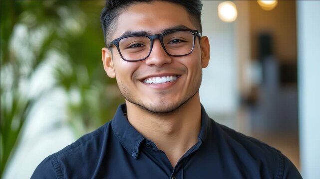 Young man with glasses wearing business attire, smiling and looking confident and approachable.