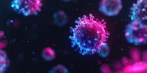 Close-up view of vibrant virus cells. Dark background