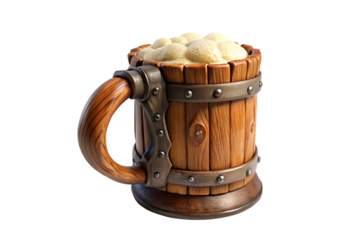 Rustic wooden beer mug with foam head and metal bands, isolated on a transparent background