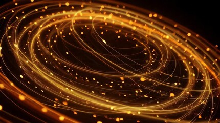 Abstract swirling golden light trails with glowing particles on a dark background, representing energy or motion. - Powered by Adobe