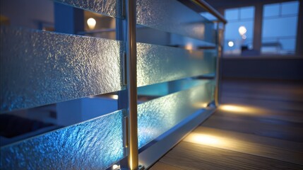 Textured glass panels form a modern railing indoors near a hardwood floor. Use it for architectural, design, or building material related projects.