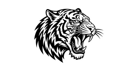 Aggressive Tiger Head Roaring Black and White Illustration.