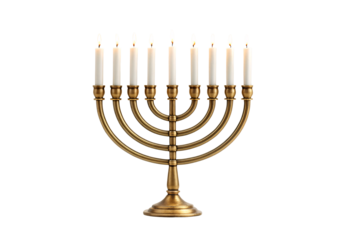 Menorah with white candles, golden brass base, all candles burning, isolated on a transparent background