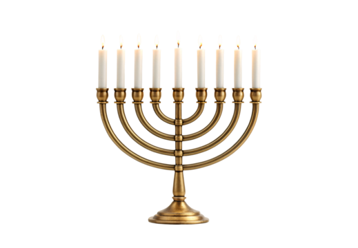 Menorah with white candles, golden brass base, all candles burning, isolated on a transparent background
