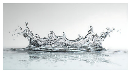 Clear liquid crown splash with droplets and reflection water splash