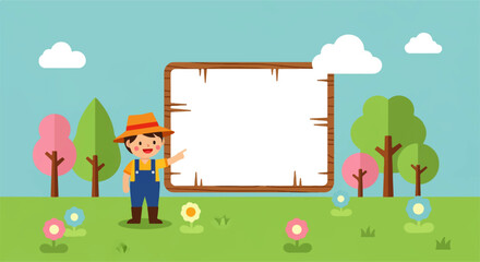 Obraz premium Cartoon Farmer Signboard with Trees and Flowers