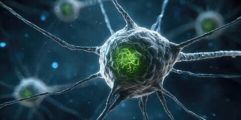 Detailed close-up view of a neuron, showcasing its intricate structure and connections