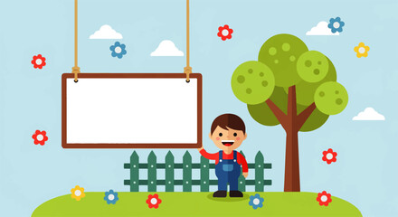 Obraz premium Cartoon Boy with Blank Sign and Garden Scene Illustration