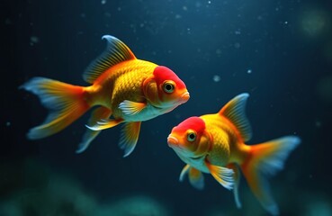 Fototapeta premium Two goldfish swim in dark water. These red and gold fish move together. They are pet shop animals. This image shows pets underwater in clear water. They look cute and graceful.