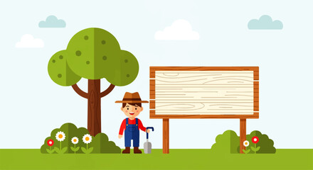 Obraz premium Cartoon Farmer Scene with Tree and Sign.