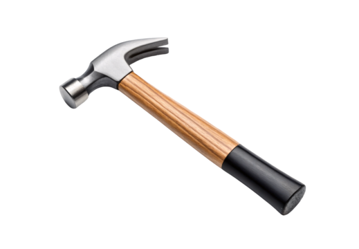 Claw hammer with wood handle and black rubber base, isolated on a transparent background