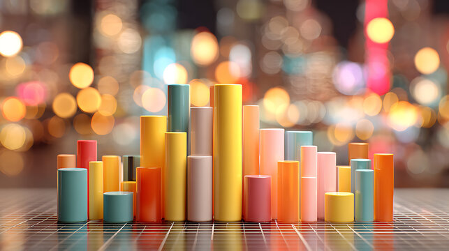 Colorful cylindrical bars arranged in a graph against a bokeh city background 3d bar chart data visualization