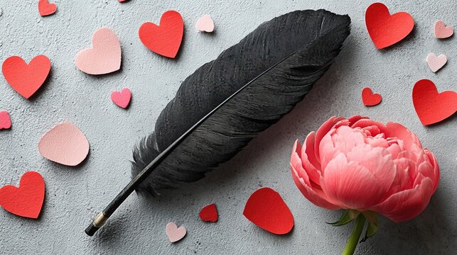 Valentine confession card: blank sheet & quill left, soft pink-peony-rose surround, tiny hearts right, copy-left for love letter or proposal