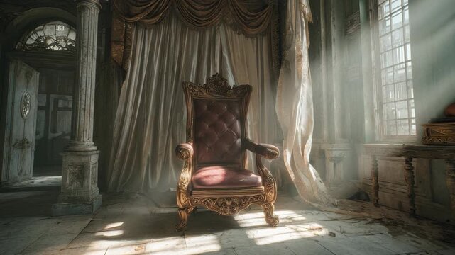 Elegant Vintage Throne in Sunlit Antique Room with Draped Curtains and Classic Architecture