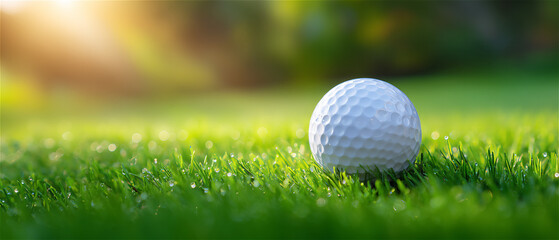 Golf ball resting on vibrant green grass in warm sunlight, illustrating sport, outdoor leisure, summer activity and the calm atmosphere of a golf course.