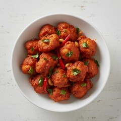 Delicious bowl of Chicken 65 served fresh with herbs, chili and crunchy fried coating
