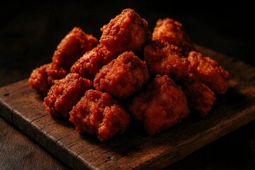 Golden crispy Chicken 65 bites stacked neatly, highlighting rich spices and perfect fried texture