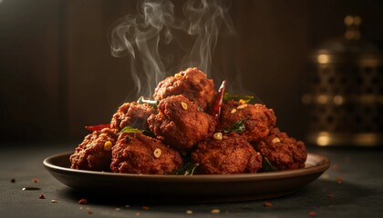 Steaming hot Chicken 65 with garlic slices, spices, and crispy coating ready to serve