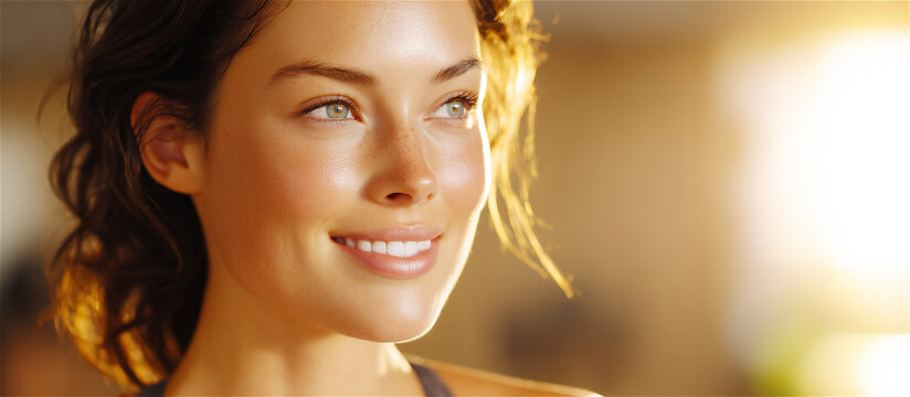 Close-up portrait of a smiling woman in warm evening light, showing a calm and positive expression, with soft highlights creating an inviting atmosphere of relaxation, confidence & modern lifestyle mo