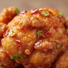 Tender juicy Chicken 65 glazed with spicy sauce and garnished for delicious bold flavor