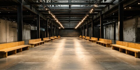 Fototapeta premium Empty industrial hall with wooden benches