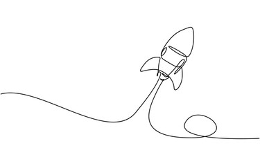 One single line Art drawing of simple vintage rocket takes off into the outer space vector. Isolated on transparent background © Stock4line