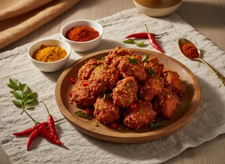 Wooden plate filled with spicy Chicken 65 featuring chili peppers, curry leaves and roasted sesame texture