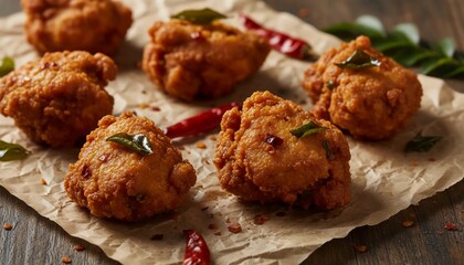 Rustic paper lined spicy Chicken 65 with curry leaves and whole dried red chilies for bold authentic flavor