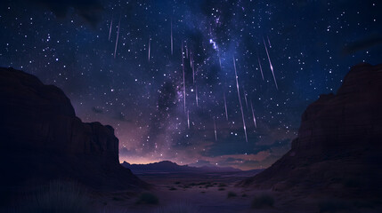 A celestial spectacle of a meteor shower lights up the vast desert landscape, with countless stars streaking across the deep blue night sky