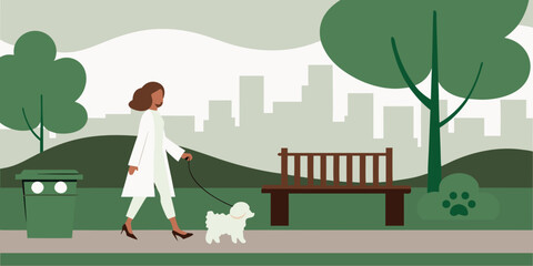 Naklejka premium Woman in white coat walking dog in city park illustration