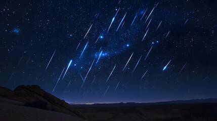 A mesmerizing meteor shower with brilliant blue streaks illuminates the vast dark night sky above a silhouetted desert landscape