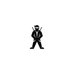 Ninja in standing pose black logo on white background.