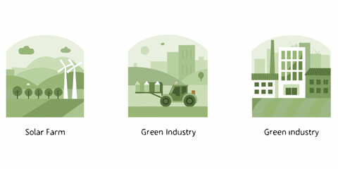 Green energy and industry icons solar farm agriculture factory