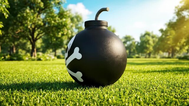 Cartoon Bomb with Skull and Crossbones in a Sunny Park.