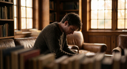 Contemplative moment for a young man in a cozy library introspective scene warm environment close-up perspective