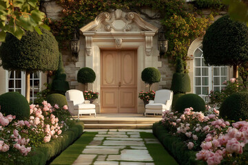 Fototapeta premium Elegant french garden, front door with white armchairs, roses in foreground, topiary.