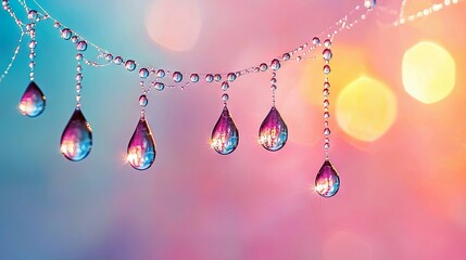 Close-up of a spiderweb adorned with numerous small water droplets, with larger, teardrop-shaped dew drops hanging from it. The background is a soft, out-of-foc