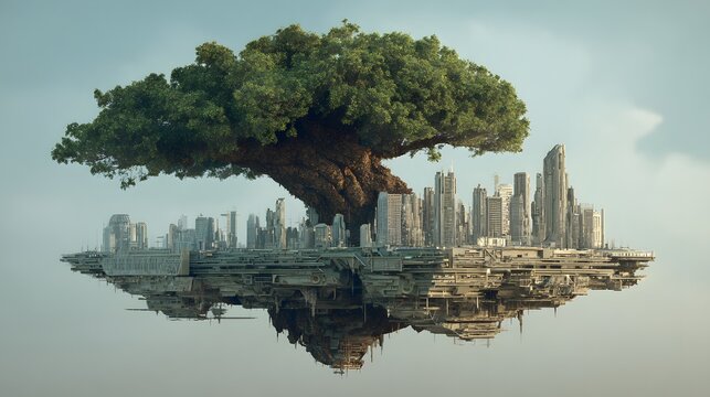 Surreal Floating Island with a Giant Tree and Cityscape Reflection. - Powered by Adobe