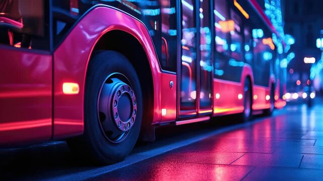Vibrant city scene with public transportation vehicles lined up at nighttime. - Powered by Adobe
