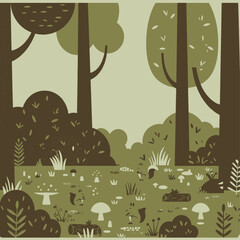 A stylized illustration of a forest floor with trees, bushes, mushrooms, and logs in shades of green and brown, depicting a serene natural environment.