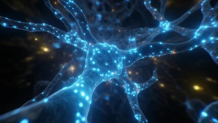 Close-up 3D visualization of hyphae forming a branching network, glowing blue neuronal structure