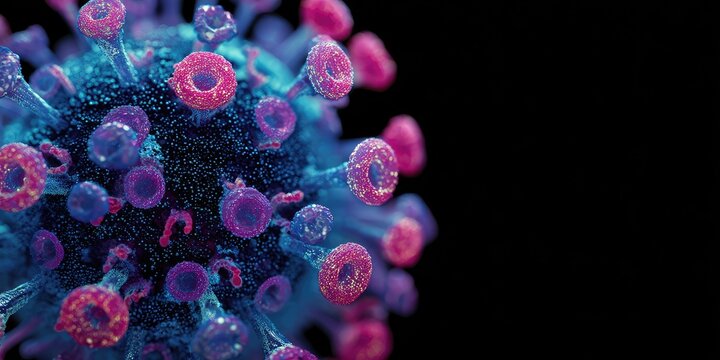 Close-up of a virus structure. Vibrant colors and detailed spikes