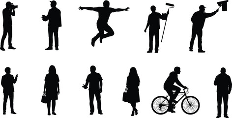 Silhouette people set showing photography, lifestyle, labor, technology, and expressive poses for stock illustration, design, education, and creative projects