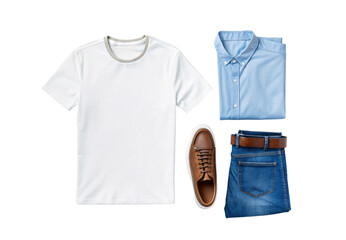 White t-shirt with folded blue oxford shirt and brown shoes, isolated on a transparent background