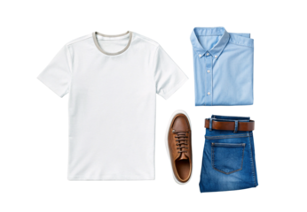 White t-shirt with folded blue oxford shirt and brown shoes, isolated on a transparent background