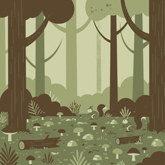 Stylized illustration of a serene forest floor with trees, mushrooms, logs, and small animals in a monochromatic green palette.
