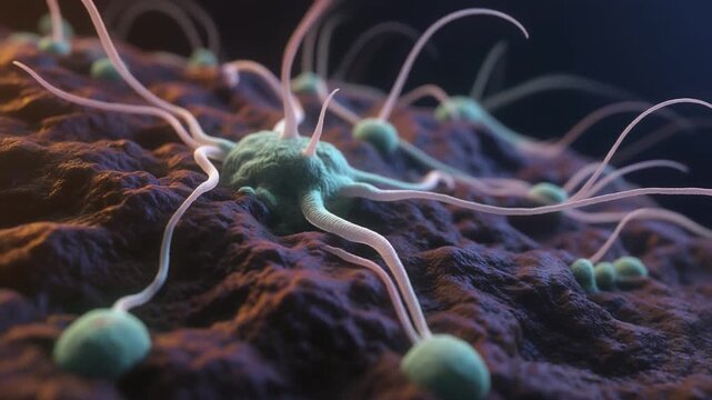 Microscopic view of fungal hyphae growing and spreading across an organic surface, detailed 3D animation