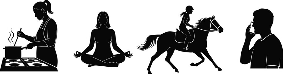 Silhouette set of people cooking, meditating, horseback riding, and talking on phone &ndash; lifestyle activity vector icons collection