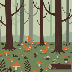 A charming illustration of a forest floor with playful squirrels, various mushrooms, and tall trees in a whimsical, natural setting.